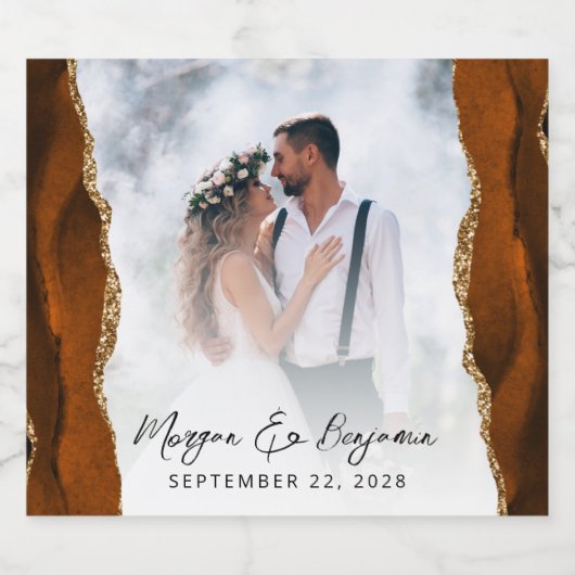 Hochzeitsskript Foto Burnt Orange Gold Agate Schaumweinetikett (Einzelnes Label)