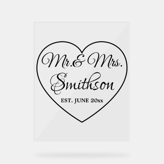 Hochzeitsskript-Herz Custom Nachname Mr. Mrs. year Acrylschild (Vorderseite)
