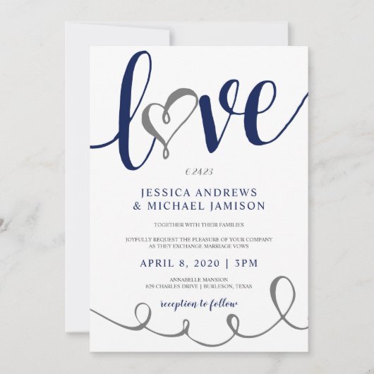 Hochzeitsskript Liebe Navy Blue & Gray Heart Einladung (Vorderseite)