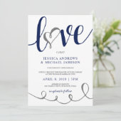 Hochzeitsskript Liebe Navy Blue & Gray Heart Einladung (Stehend Vorderseite)
