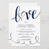 Hochzeitsskript Liebe Navy Blue & Gray Heart Einladung (Vorne/Hinten)