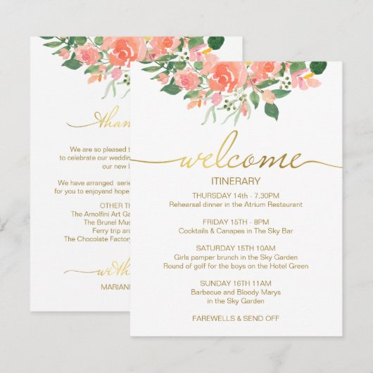 Hochzeitsskript mit rosa Rosen Begleitkarte (Vorne/Hinten)