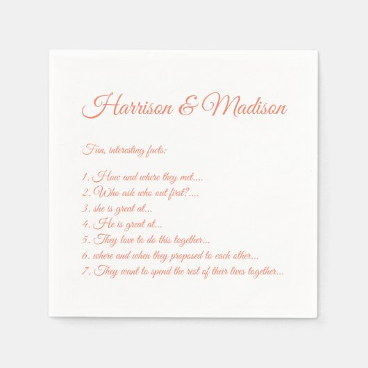 Hochzeitsskript-Namen Couple Fun Facts Lachs Serviette (Vorderseite)