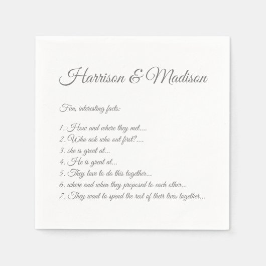 Hochzeitsskript-Namen Couple Fun Facts Papier Serviette (Vorderseite)