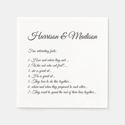 Hochzeitsskript-Namen Couple Fun Facts Papier Serviette (Vorderseite)