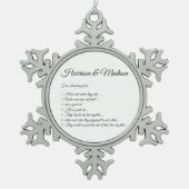 Hochzeitsskript-Namen Couple Fun Fakts Custom Schneeflocken Zinn-Ornament (Vorderseite)