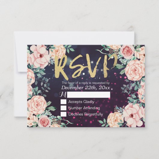 Hochzeitsskript RSVP Reply Chic Floral Lila Gold S Karte (Vorderseite)