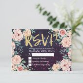 Hochzeitsskript RSVP Reply Chic Floral Lila Gold S Karte (Stehend Vorderseite)