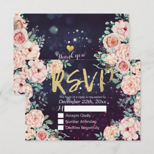 Hochzeitsskript RSVP Reply Chic Floral Lila Gold S Karte (Vorne/Hinten)