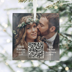 Hochzeitssong oder Playlist QR Code & Foto Newlywe Ornament Aus Glas