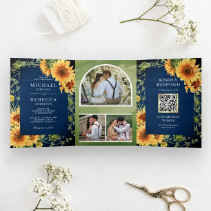 Hochzeitssonne für Navy Wood Sunflowers Foto Arch Dreifach Gefaltete Einladung