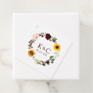 Hochzeitssonnenblume und Burgunder-Rose Geschenkanhänger