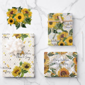 Hochzeitssonnenblumen & Bienen Hinzufügen von Name Geschenkpapier Set