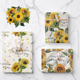 Hochzeitssonnenblumen & Bienen Hinzufügen von Name Geschenkpapier Set