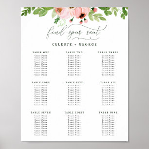 Hochzeitsstandplan für Aquarellgrün und Rosa Poster
