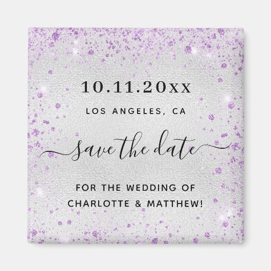 Hochzeitsstaub aus lila Glitzer Save the Date Magnet (Vorne)