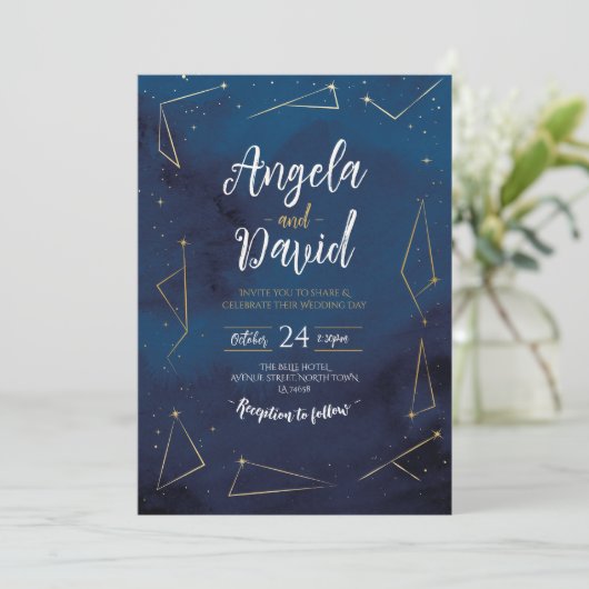 Hochzeitsstern-Sternenkonstellation Navy Gold Einladung (Stehend Vorderseite)