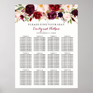 Hochzeitsstichtabelle Burgund Rote Flora Poster