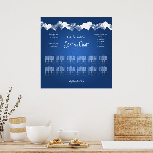 Hochzeitsstichtabelle Grunge Herz Blau Poster (Küche)