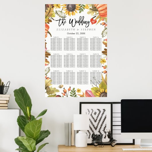 Hochzeitsstichtabelle Herbstmapel Blätter Pumpkins Poster (Heimbüro)
