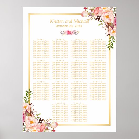 Hochzeitsstichtabelle Klassik Chic florales Gold Poster (Vorne)