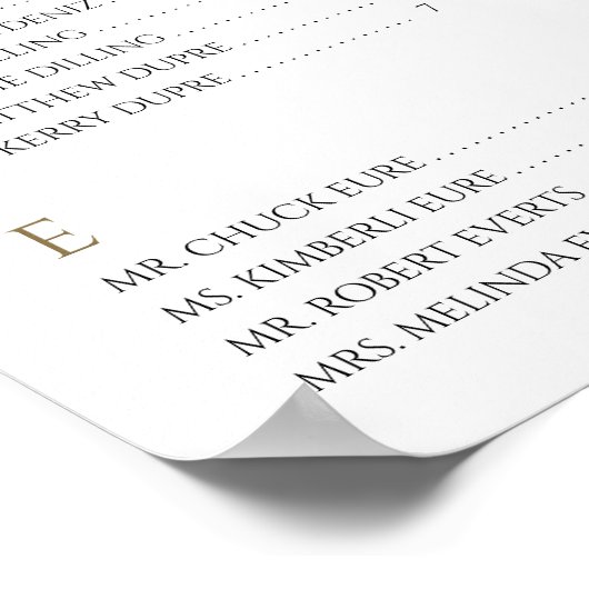 Hochzeitsstift Alphabetischer Ordergoldplan Poster (Ecke)