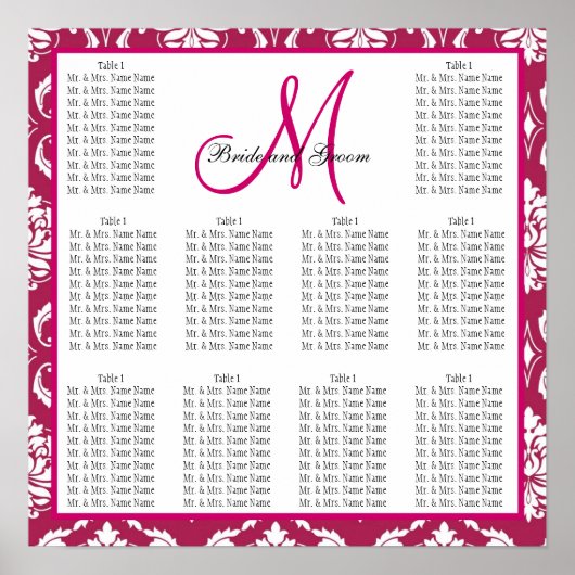 Hochzeitsstift Fuchsia Pink Damask Poster (Vorne)