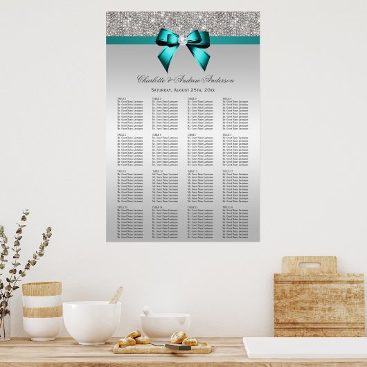 Hochzeitsstift Silver Sequin Deep Aquamarin Bow Poster (Küche)