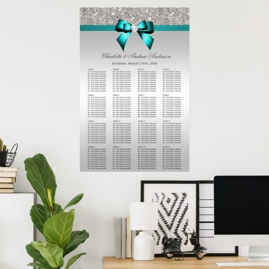 Hochzeitsstift Silver Sequin Deep Aquamarin Bow Poster (Heimbüro)