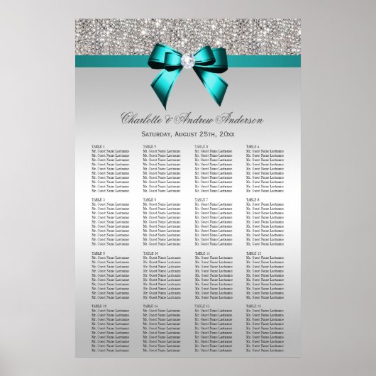 Hochzeitsstift Silver Sequin Deep Aquamarin Bow Poster (Vorne)