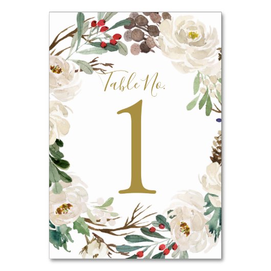 Hochzeitsstiftung | Woodsy Holiday Wreath Tischnummer (Vorderseite)