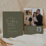 Hochzeitsstimmung im Foto mit dem modernen Chic Ol Einladung<br><div class="desc">Dieses moderne, schicke, olivgrüne QR Code Foto Hochzeitsempfang ist perfekt für eine einfache Hochzeit. Das holzbraune Design zeichnet sich durch eine einzigartige und stilvolle böhmische Typografie in einer minimalen Waldgrün Farbe aus. Personalisieren Sie Ihre Einladung mit 3 Verlobungen Fotos auf der Rückseite. Fügen Sie Ihren Gästen einen QR-Code zum Karo...</div>