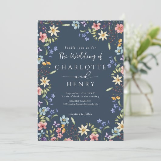 Hochzeitsstimmung in Navy Blue Modern QR Code Wild Einladung (Stehend Vorderseite)