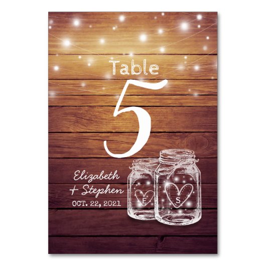 Hochzeitsstimmung + Menu Mason Jar String Light Tischnummer (Vorderseite)