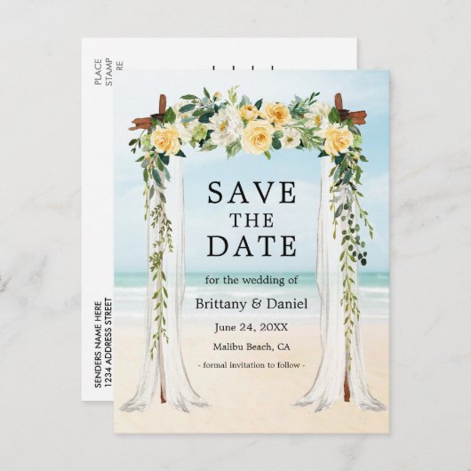 Hochzeitsstrand Canopy Wasserfarbe Gelbe Blüte Ankündigungspostkarte (Vorne/Hinten)
