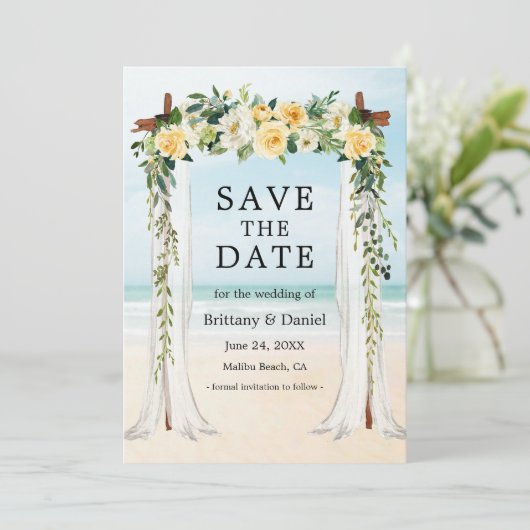 Hochzeitsstrand Canopy Wasserfarbe Gelbe Blüte Save The Date (Stehend Vorderseite)