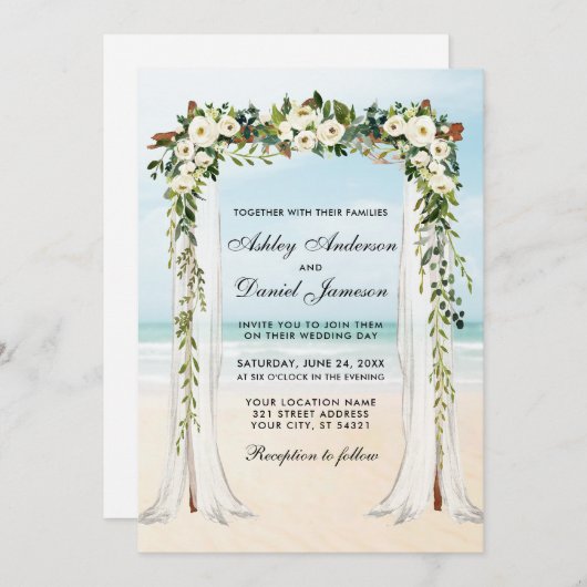 Hochzeitsstrand Canopy Wasserfarbe Grün Weiße Blüt Einladung (Vorne/Hinten)