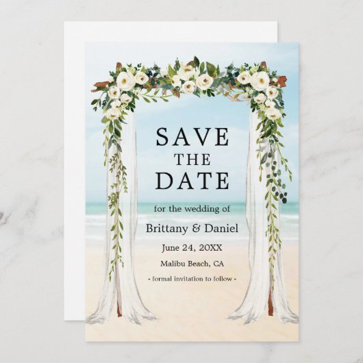 Hochzeitsstrand Canopy Wasserfarbe Grün Weiße Blüt Save The Date (Vorne/Hinten)