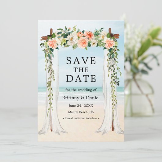 Hochzeitsstrand Canopy Wasserfarbe Korallen Weiße  Save The Date (Stehend Vorderseite)