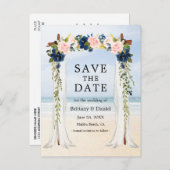 Hochzeitsstrand Canopy Wasserfarbe Rosa Blau Ankündigungspostkarte (Vorne/Hinten)