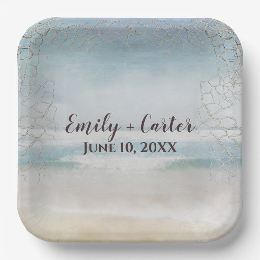 Hochzeitsstrand mit Netz Pappteller (Vorderseite)