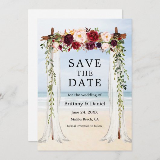 Hochzeitsstrand Wasserfarbe Burgund Blumen Save The Date (Vorne/Hinten)