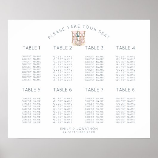 Hochzeitsstuhl 8 Tabelle 80 Quadrat Sitzplan Poster (Vorne)