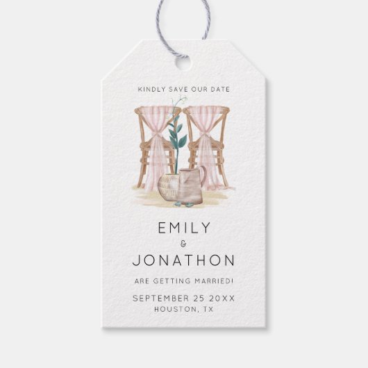 Hochzeitsstühle Boho Pink Save the Date Geschenkanhänger (Vorderseite)