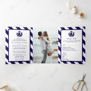 Hochzeitssuite für Nautische Streifen und Navy Blu Dreifach Gefaltete Einladung