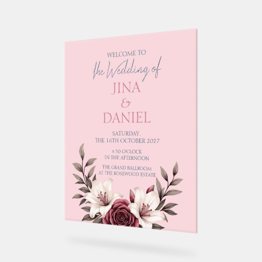 Hochzeitssuite mit Blumen (pink) Acrylschild (Winkel)