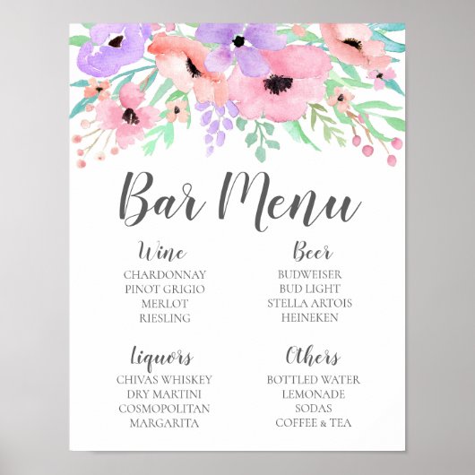 Hochzeitssymbol - Bar Menu Blumenschild Poster (Vorne)