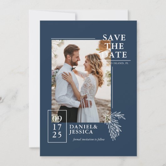 Hochzeitsszenarien in Navy Blue Modernes Foto rett Save The Date (Vorderseite)