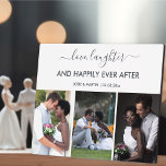 Hochzeitsszenario 3 - Liebe-Lacher-Zitat Fotoplatte<br><div class="desc">Erstellen Sie Ihre eigene Hochzeitsplatte mit 3 Ihrer Lieblingsfotos für Ihr Foto. Die Formulierung ist in elegantem Schrift und modernem Druck geschrieben. Es heißt "Liebe, Lachen und glücklich immer danach". Die Vorlage ist Set für Sie bereit, um die Namen der Neuvermählten, das Hochzeitstag und Ihre 3 Fotos hinzuzufügen. Bitte stöbern...</div>