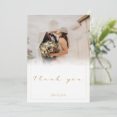 Hochzeitsszenario mit weißem Foto, Goldskripthochz Dankeskarte (Stehend Vorderseite)